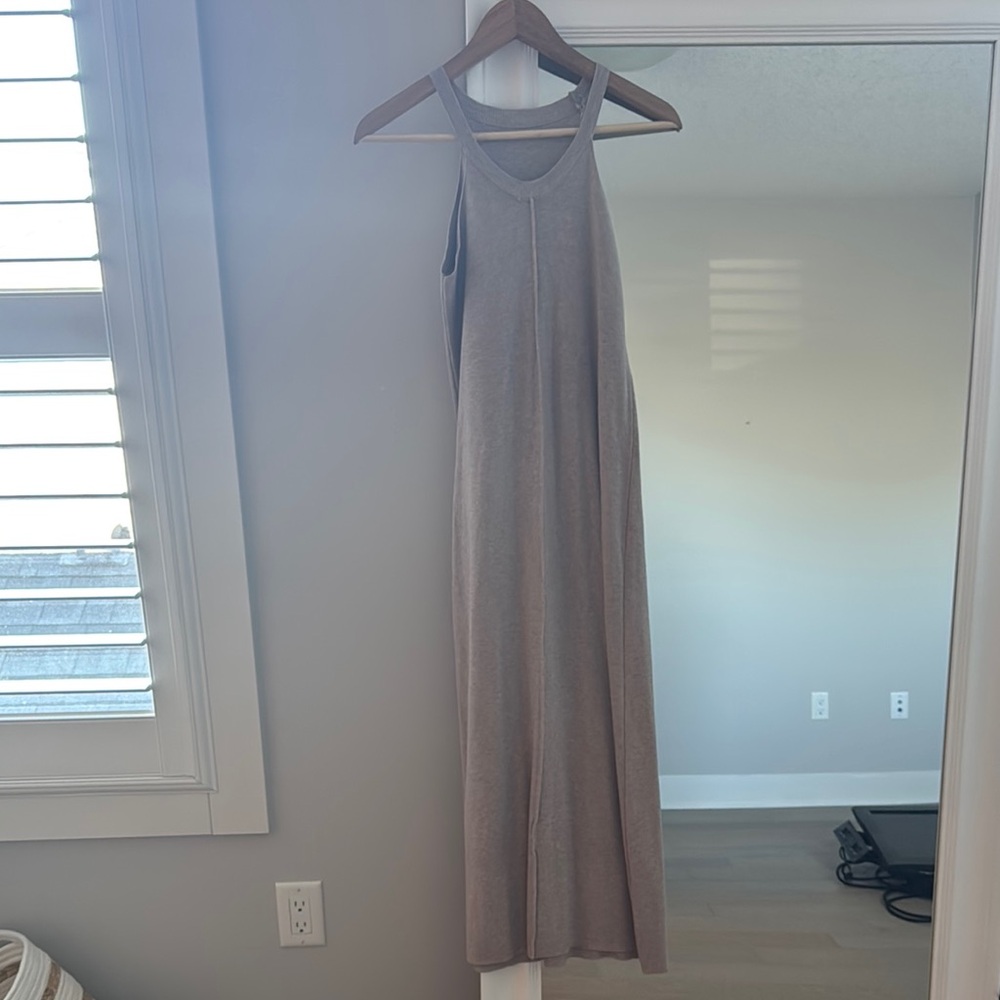 Elegant Taupe Knit Dress with Matching Shoulder Sweater Long Sleeves